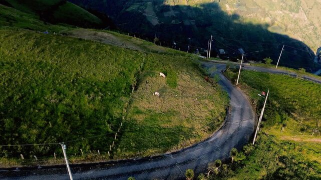 Drone footage shows rows of green crops across a steep, dark cultivated slope in Tungurahua, Ecuador. Trees border the mountainside, while clouds and mist gather around the distant Andean ridgeline in
