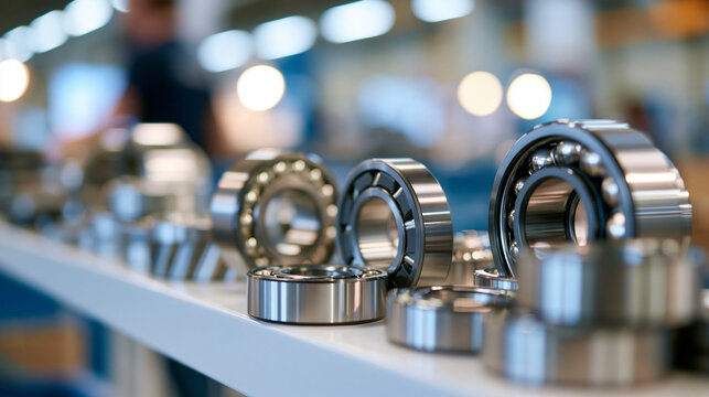 Assortment of metal ball bearings and roller bearings displayed on a white shelf in an industrial factory setting, with copy space