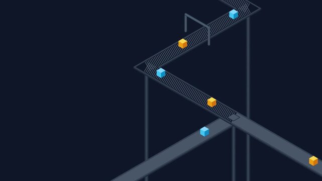 Isometric industrial conveyor belt system transporting blue and yellow cubes in automated factory animation