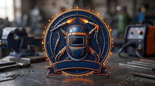 Industrial welder clipart logo with protective mask and orange flames