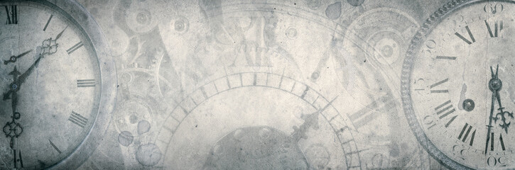 Fototapeta premium Time, clocks and antique watches create a faded vintage composition with overlapping clock faces, Roman numerals and aged textures. 