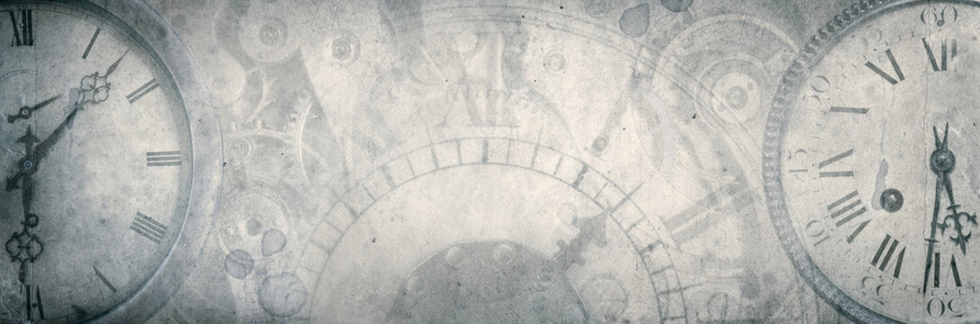 Time, clocks and antique watches create a faded vintage composition with overlapping clock faces, Roman numerals and aged textures. 
