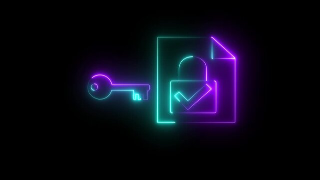 Glowing neon Data encryption algorithm. Protection of encrypted files with secure cryptographic keys. Man holding file with padlock icon.4k video Animation