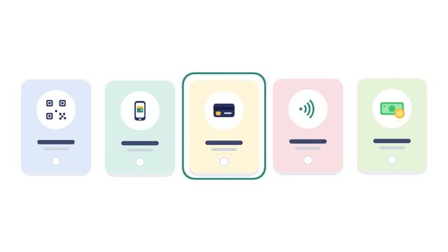 A row of five minimalist icons representing various payment methods including QR code, mobile, credit card, contactless, and cash.