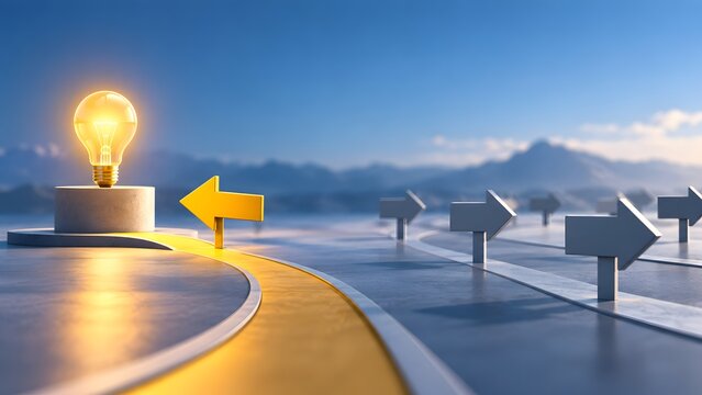 Bright idea guiding path with glowing lightbulb and yellow arrow separating from standard gray route representing visionary business journey