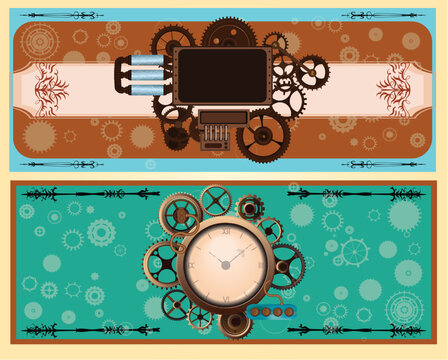 Steampunk vintage banners set with gears, mechanical clock, and industrial frames vector illustration