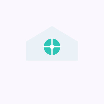 Minimalist flat teal house with crosshair finder icon, vector concept for target, location, and real estate search symbols, scalable graphic for UI design