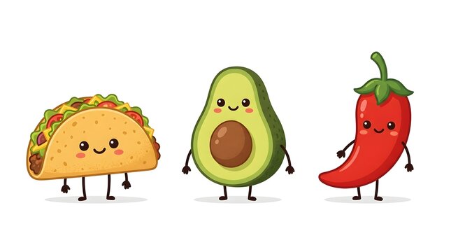 Cute tacos with avocado and chili pepper cartoon characters set