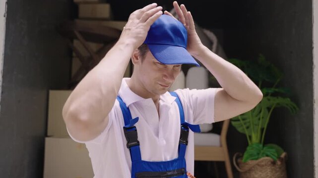 Happy professional man mover service and delivery in a company uniform standing smiling and putting a blue cap on his head while looking at the camera with relaxing after loading onto the truck. 