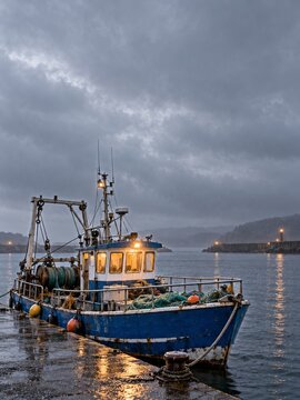 Blue fishing trawler with nets and buoys at a rainy harbor dock