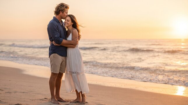 Romantic couple sharing a forehead kiss on the beach at sunset