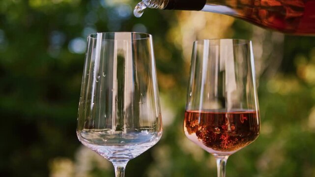 Ros&eacute; wine slowly pouring into an elegant glass in bright summer sunlight, with a lush garden softly out of focus creating a warm and atmospheric scene.