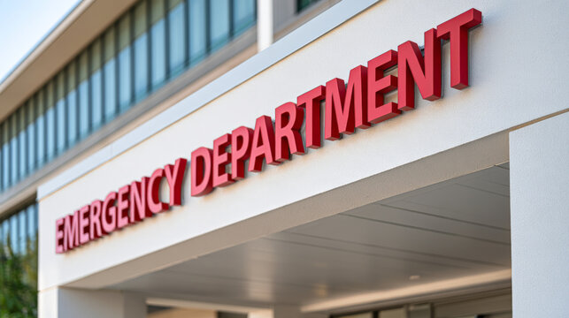 Wide view of red emergency department lettering above a hospital entrance. Medical architecture, urgent care, healthcare access, public facility.