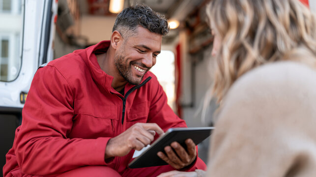 Male paramedic in a red uniform uses a tablet beside an ambulance. Emergency service, medical response, patient communication, mobile healthcare.