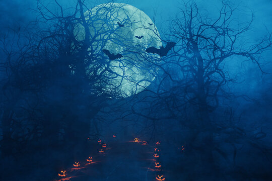 Spooky Halloween background with a huge glowing full moon behind bare trees, bats flying in the dark night sky, and a misty path lined with carved Jack-o'-lantern pumpkins.
