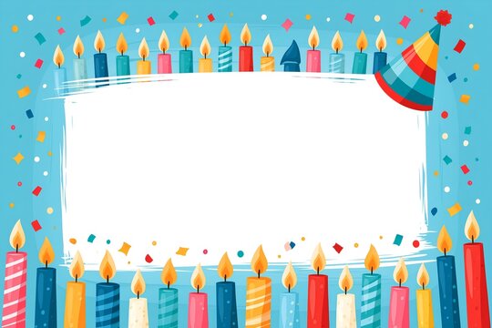 Festive birthday border with lit candles and confetti