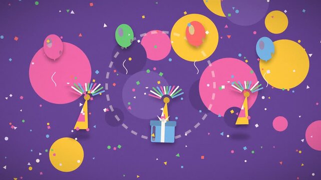 Colorful balloons and a gift box celebrate a festive birthday against a purple backdrop celebration party
