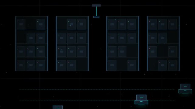 Abstract digital data storage server racks with glowing interface elements