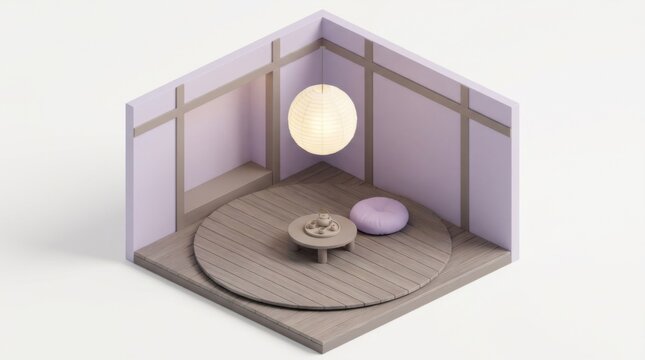 3D Isometric Zen Meditation Studio with Floor Lamp and Shoji Screen