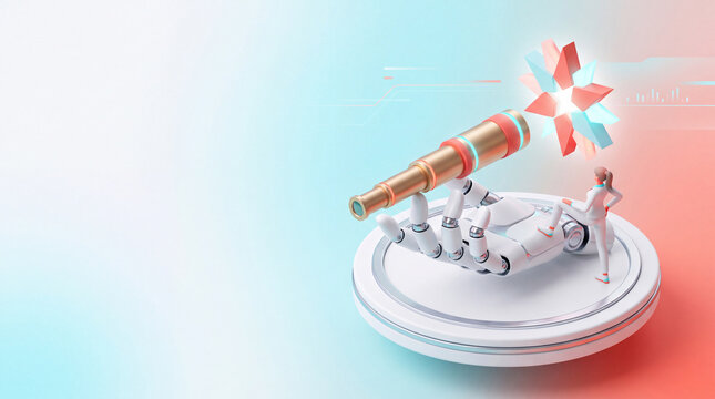 Robot hand telescope horizon futuristic figure observing horizon through telescope concept