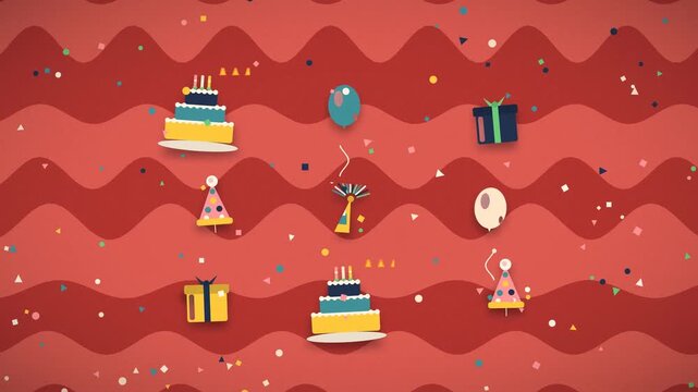 Birthday cakes and gifts float amidst confetti on a vibrant coral background celebration festive party congratulations