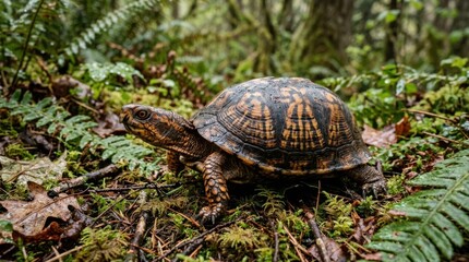 Obraz premium Box turtle crawling slowly in a green forest