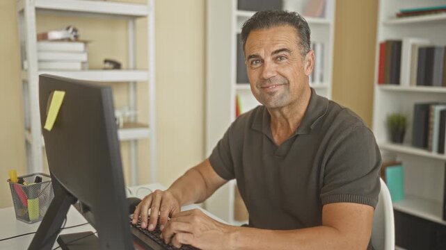 Man typing on keyboard with hands on keys at a desk in office building, smiling toward the computer monitor while working; contentment productivity.