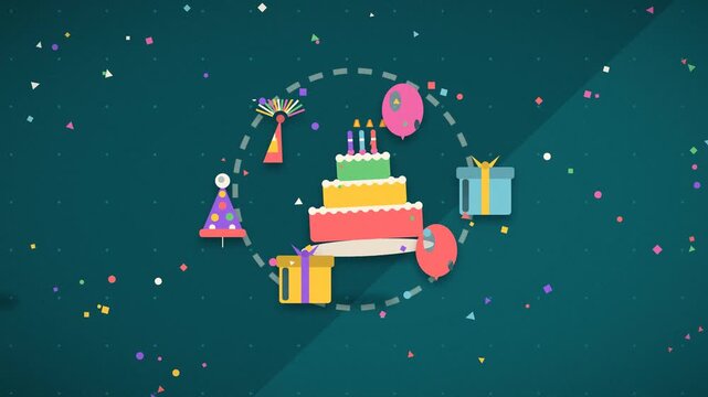 A tiered birthday cake receives colorful gifts and celebratory decorations celebration presents decorations confetti balloons party