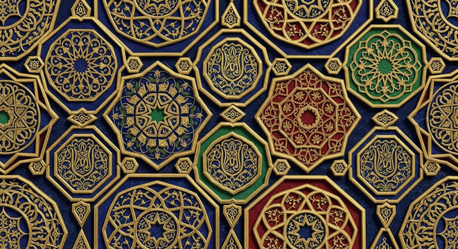 Intricate golden geometric patterns with colorful accents create a stunning royal tapestry that brings timeless heritage elegance to traditional architectural ornamentation and historical design