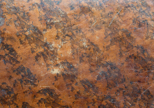Old leather background. Fragment of a leather cover of an old book from the 18th century. Retro background on the theme of vintage, history, antiques.