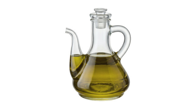 Glass cruet bottle of extra virgin olive oil with pour spout on transparent background. Transparent culinary container. Mediterranean gourmet cooking seasoning creates culinary visual.
