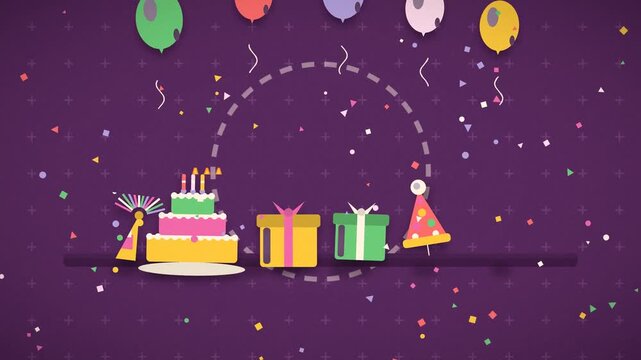 Colorful birthday cake receives falling confetti and floating balloons during a celebration celebration festive party layered