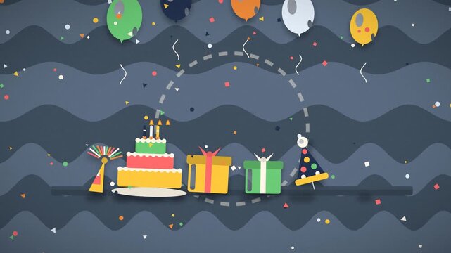 Birthday cake explodes with confetti and balloons in a celebratory animation celebration party dessert sweet treat