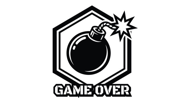 Monochrome bomb vector graphic emblem featuring exploding fuse and bold game over text inside hexagon