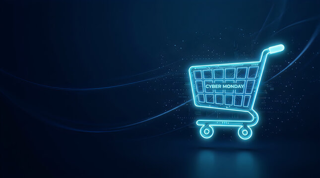 Cyber monday shopping cart glowing in dark space