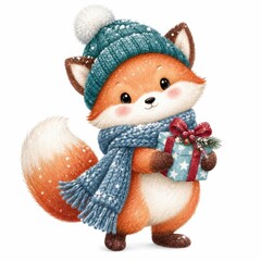 Fototapeta premium Cute fox holding wrapped gift wearing winter hat and scarf