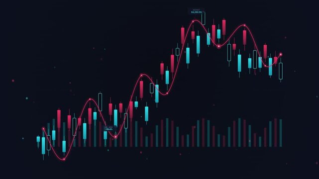 Digital financial chart with candlesticks and data points on a dark background