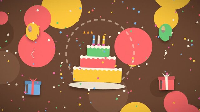A decorated birthday cake receives colorful balloons and gifts in a festive celebration celebration presents party