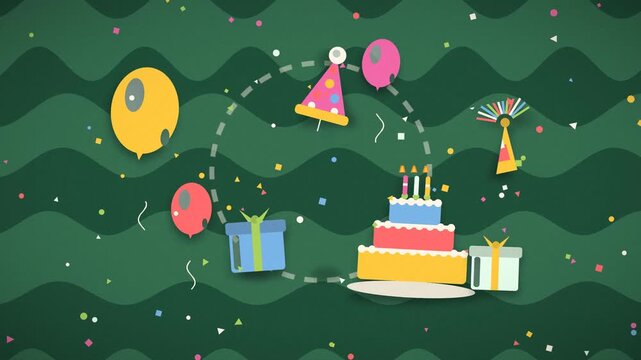 Colorful balloons and gifts float around a layered birthday cake with lit candles candles celebration festive