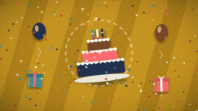 A decorated birthday cake receives falling confetti and gifts in a festive celebration celebration party present