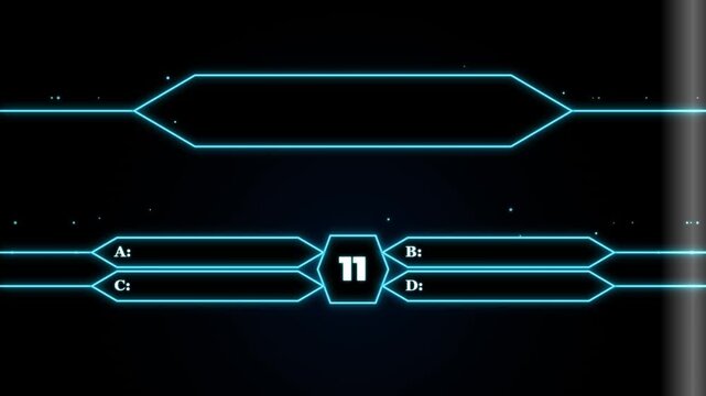 Futuristic neon quiz game interface with empty question and answer slots and a countdown timer in the center