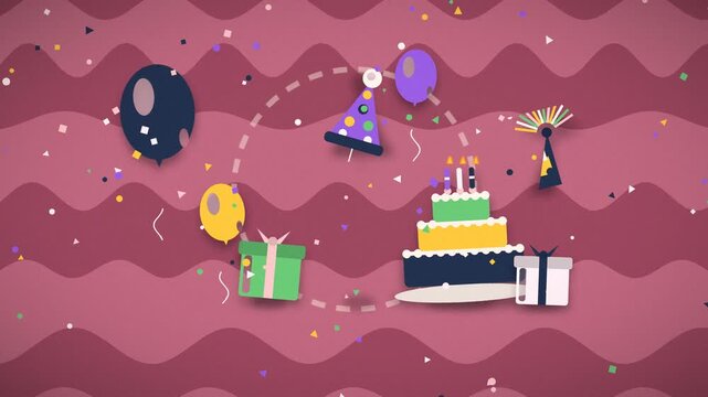 A birthday cake receives celebratory decorations and confetti during a festive occasion celebration party layered confection