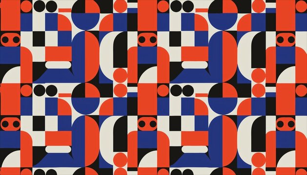 Vibrant geometric abstract pattern with bold red blue and black shapes.