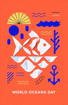 World Oceans Day Poster With Geometric Fish And Marine Elements.