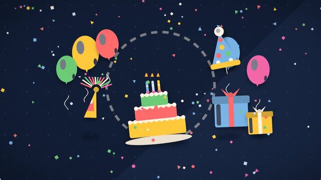 Birthday cake with lit candles and gifts is celebrated with colorful balloons and confetti celebration present