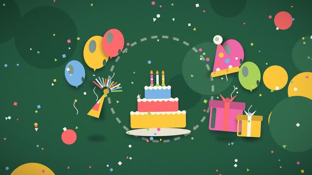 A birthday cake with lit candles and gifts celebrates a festive occasion celebration presents balloons party