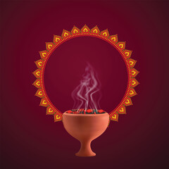 Fototapeta premium Happy navratri and durga puja greeting card featuring goddess durga maa illustration and traditional hindu festival decorations with incense