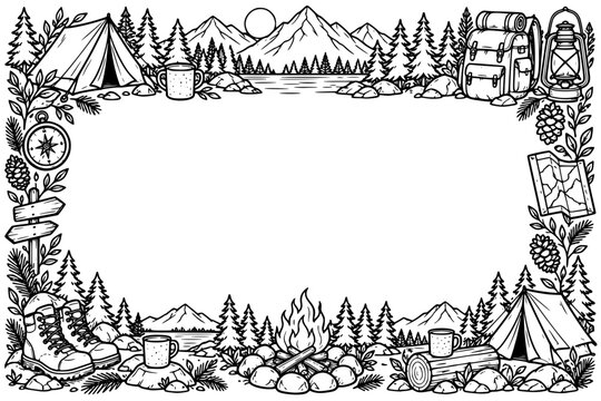 Camping Adventure Frame with Tent, Mountains, Campfire, Backpack and Hiking Gear
