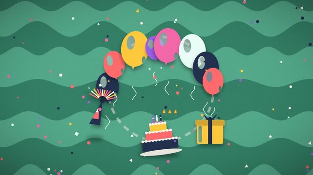 Colorful balloons rise above a decorated birthday cake with gifts celebration presents gifts party festive decorations