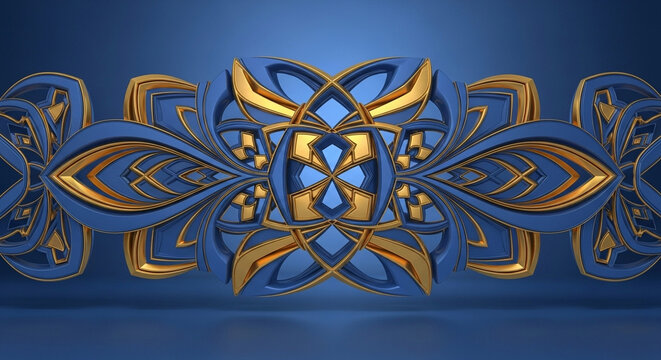 A stunning visual feast of intricate blue and gold ornamental patterns intertwining gracefully to create a majestic decorative banner with rich textures and compelling depth for luxury branding